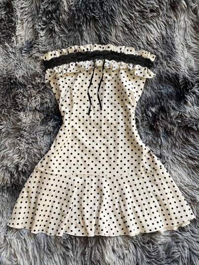 INAWLY Women Ruffle Trim Polka Dot Print Contrast Lace Strapless Mini Dress