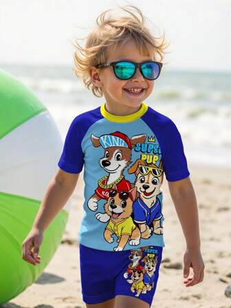SHEIN Young Boy Casual Loose Fit Round Neck Short Sleeve T-Shirt And Shorts Swimming Trunks Set, Suitable For Summer