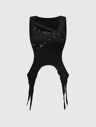 Grunge Punk Suéter negro de punto funcional con puntera asimétrica y detalle de ojal para mujer