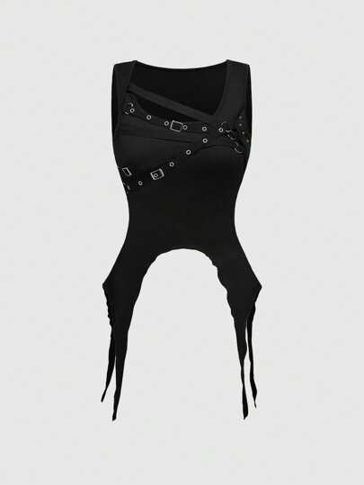 Grunge Punk Funktionaler asymmetrischer Saum Ösen Detail Schwarz Strickpullover für Damen im Punk-Stil