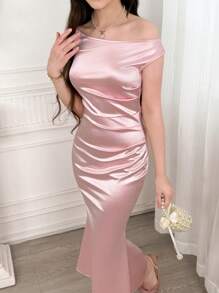 Teen Girl Solid Color Asymmetric Neckline Ruffle Fitted Elegant Dress
