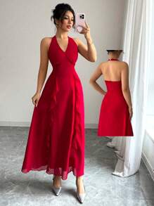 Modelyn V-Neck Halter Backless Waist Cinched Dress - Red - View 4