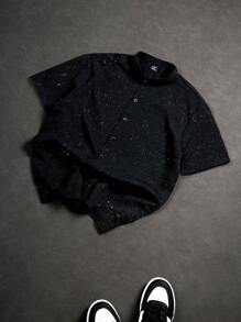 Manfinity CasualCool Men's Casual Shiny Black Short Sleeve Button Up Shirt, Summer - Black - View 3