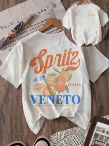夏季水果图案T恤、草莓T恤、女士“Good Time”字母印花T恤、意大利文字印花T恤、阿佩罗开胃酒、普罗塞克起泡酒、苏打水、橙子印花T恤、柑橘印花T恤、度假装、复古水果T恤