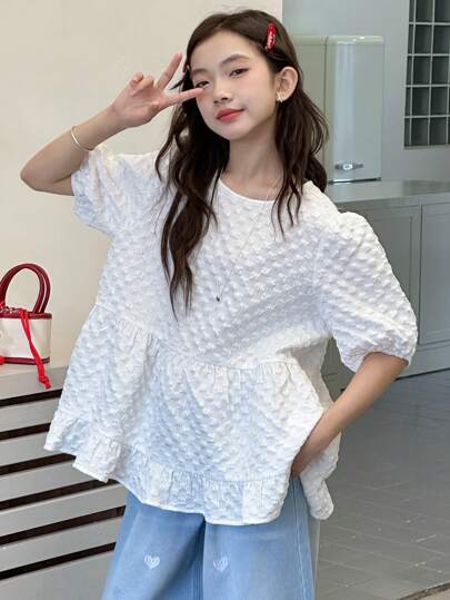 Dazy Kids 少女花卉提花短款泡泡袖荷叶边下摆宽松衬衫，夏季，返校服装