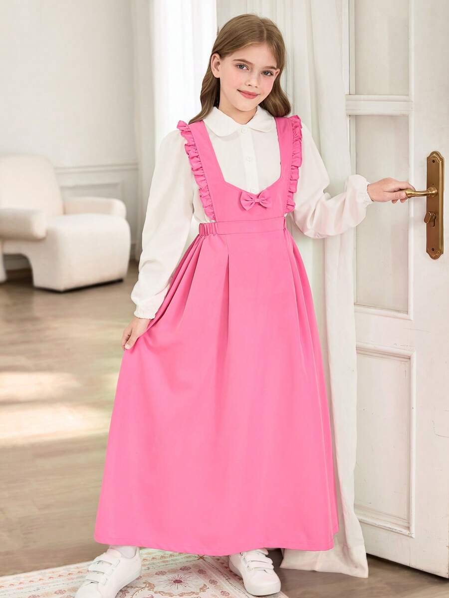 青少年女孩休闲校园风格可爱荷叶边蝴蝶结背包连衣裙和白衬衫 T 恤套装，校服秋冬 - 彩色 - 查看 1