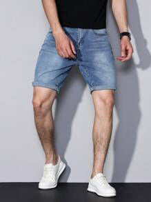 Manfinity Homme 男士翻边休闲百搭牛仔短裤，带口袋，男士牛仔短裤，浅色水洗牛仔短裤 - 中等水洗藍 - 查看 3