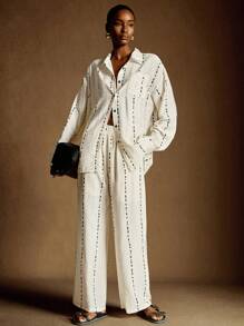 Écloséra 时尚休闲日常百搭宽松圆点条纹印花亚麻衬衫阔腿裤女士春秋套装休闲套装女士纽扣衬衫女士套装女士两件套女士衬衫女士休闲装春季