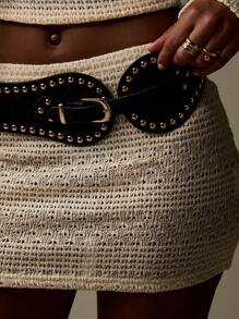 MISSGUIDED 铆钉双扣宽腰带秋季节日西部波西米亚风腰带配饰 - 黑色 - 查看 3