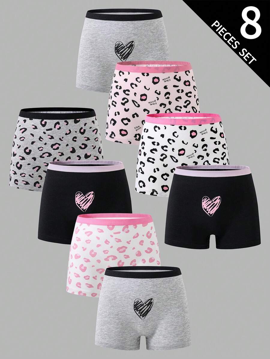 SHEIN 8 件套女童可爱蝴蝶结、心形、豹纹内裤，采用可追溯棉制成，青春期前女童平角裤套装，适合返校时尚 - 彩色 - 查看 1
