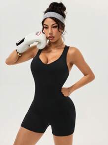 Easithlete 女式健身运动连体衣瑜伽背心和紧身裤套装 - 黑色 - 查看 6