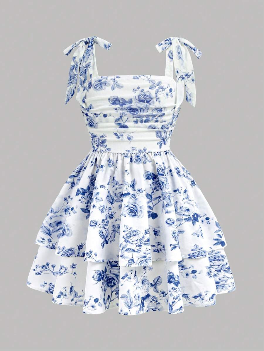 Tween Girls Blue Spaghetti Strap Bowknot Elegant Pleated A-Line Layered Ditsy Floral Mesh Party Dress, Suitable For Spring/Summer, Vacation, Holiday, Birthday, Graduation Blue Floral Dress ,Blue And White Floral Dress, Tie Strap Dress,Suitable For Party, Wedding, Flower Girl  Dress,Bow Dress,Wedding Dress Kids,Wedding Dress Kids - Blue - View 1
