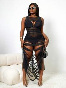 Slaydiva Robe de cache-maillot sexy de couleur unie à col rond et sans manches, avec découpes, pour femmes grande taille