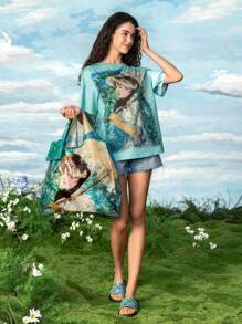 SHEIN Touch of Art 1 túi mua sắm gấp gọn bằng polyester hình người/túi tote có túi nhỏ, có dây xích để treo túi, Claude Monet, Nghệ thuật & Sự thanh lịch - Nhiều màu - Xem 4