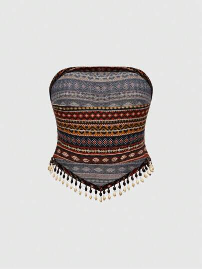 Hippie Women's Hippie Vintage Western Cowgirl Music Festival Sheer Wooden Bead Tassel Hem Geometric Print Bohemian Tube Top For Summer