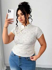 Elenzga New Chinese Style Stand Collar Lace Short Sleeve T-Shirt Women, Cinched Waist Short Retro Button Decor Tops, Summer