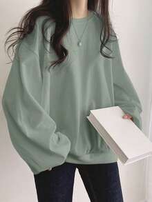 DAZY Solid Color Round Neck Loose Fit Casual Sweatshirt With Drop Shoulder,Fall Clothes - Green - View 4