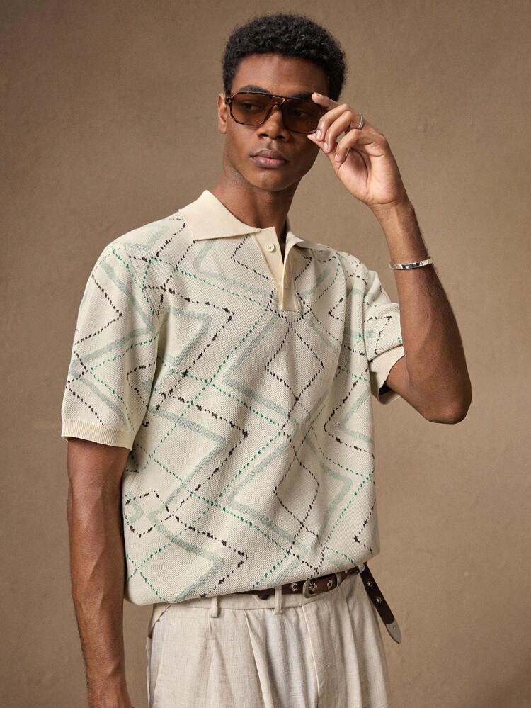 Men's White And Green Jacquard Plaid Short Sleeve Polo Collared Knit Top , Fitted, Casual, Daily, Commuting, Summer, Holiday, Party, Couple, Boyfriend Gift, Father's Day Gift, Beachwear