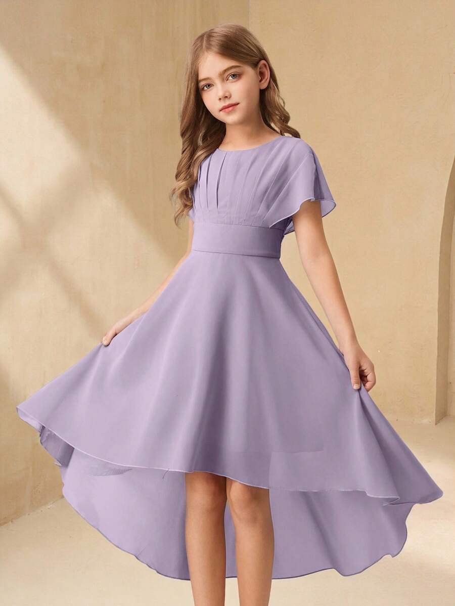 花童/少女不对称下摆雪纺派对礼服，A 字型前短后长廓形，适合婚礼、生日、表演 - 紫色 - 查看 1