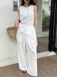 DAZY 2pcs/Set Women Summer Asymmetric Hem Round Neck Sleeveless Tank Top And Loose Casual Wide Leg Long Pants Streetwear Casual Suit