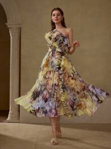 MOTF PREMIUM VÁY DÀI HỌA TIẾT HOA MỘT VAI LỚP XẺO CÓ THẮT LƯNG - Màu vàng - Xem 4