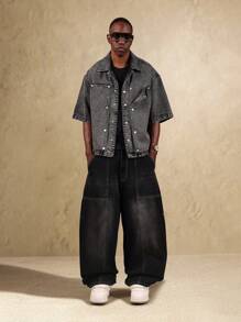 SUMWON Jachetă tip cămașă din denim supradimensionată, cu mâneci scurte, cu nasturi metalici în față, stil de lucru, buzunare la piept, haină de toamnă și primăvară - Negru - Vizualizare 4