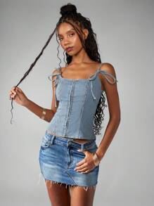 MISSGUIDED 牛仔紧身胸衣上衣紧身胸衣条纹图案夏季节日 Y2K 钩眼前系带肩休闲俱乐部派对 - 藍白色 - 查看 5