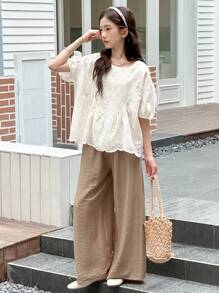 Dazy Kids Teen Girl Girl Crew Neck Woven Short Sleeve Shirt And Long Pants Set, Summer - Apricot - View 3