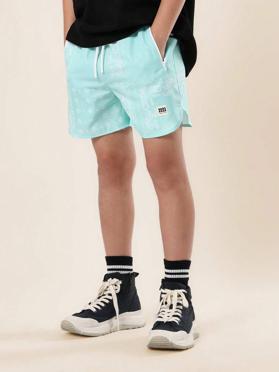 SUMWON 夏季沙滩游泳短裤轻便旅行度假探险日常休闲防水印花休闲户外男童短裤 - 綠色 - 查看 1