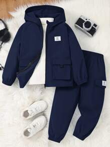 SHEIN 2 件套休闲男童服装：带口袋的连帽夹克，纯色松紧腰裤，适合户外、学校、日常聚会、秋冬 - 藏蓝色 - 查看 3
