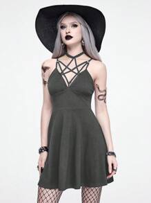 ROMWE Goth 夏季哥特式女式性感纯色迷你连衣裙 - 灰色 - 查看 4