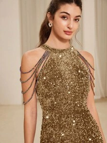Aveloria Rosie Đầm yếm gợi cảm sang trọng cao cấp mới với vải sequin tinh xảo, thiết kế nhiều dây xích, thắt eo, không tay, thích hợp cho tiệc tùng, ngày lễ tình nhân, mùa xuân/hè - Vàng - Xem 3