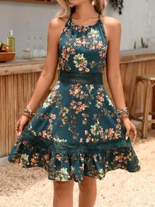 Breezaya Women's Lace-Trim Floral Print Backless Halter Vacation Dress, Summer