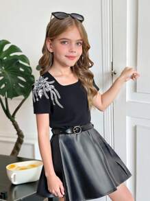 SHEIN Tween flicka enfärgade juveler utsmyckning crew Neck monterad kortärmad T-shirt - Svart - Visa 1