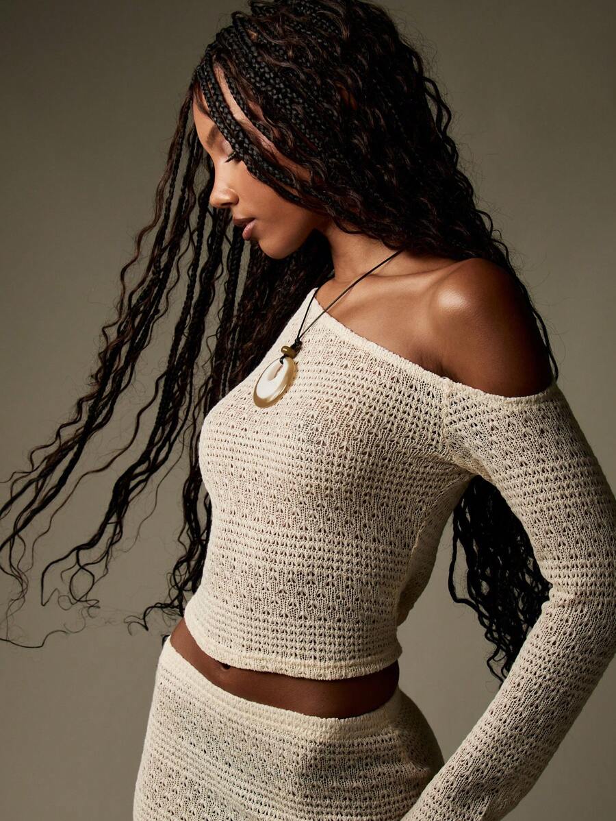 MISSGUIDED 波西米亚钩针编织沙滩套装节日迷你裙长袖露肩短款上衣夏季度假沙滩装度假服 - 杏色 - 查看 1