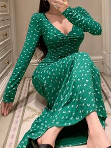 DAZY Váy ngủ dài cổ chữ V họa tiết hoa nhỏ xinh xắn, thiết kế dây rút, mặc mùa thu, mùa đông - màu xanh lá - Xem 4