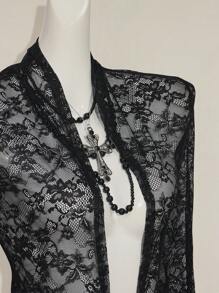 SHEIN ICON Sexy Lace Asymmetrical See-Through Cardigan Top - Black - View 7