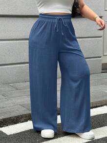 SHEIN EZwear 大码女式纯色抽绳腰口袋阔腿休闲裤 - 霧霾藍 - 查看 5