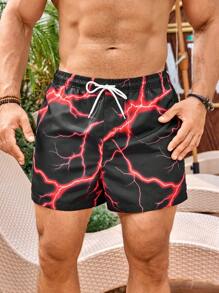Surfspeed Men's Lightning Print Drawstring Waist Beach Shorts - Black - View 4
