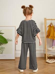 SHEIN Young Girl Striped Casual Casual Knit Top And Casual Knit Casual Pants Set - Black - View 2