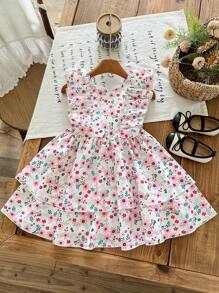 LMoss Kids Vestido tejido con decoración de mariposa, volantes y estampado floral pequeño para niña joven