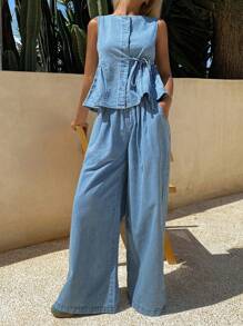 DAZY 2 piezas Conjunto de top sin mangas con cuello en V y pantalones anchos de pierna ancha casuales de verano para mujer, conjunto de ropa vaquera holgada para vacaciones, ropa de vuelta al colegio - Lavado ligero - Ver 3