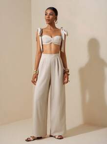 Zivah Beach New Spring And Summer Casual Holiday Bowknot Shoulder Straps Chest-Wrapped Heart Collar Cropped Top + Wide-Leg Super Trousers Apricot Women's Two Pieces Se,Textured Fabric Material - Apricot - View 3
