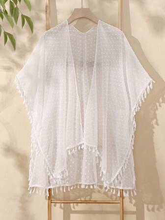 Swim Lushoire Women's Solid Color Fringe Trim Kimono Robe, Suitable For Vacation And Beach For Summer