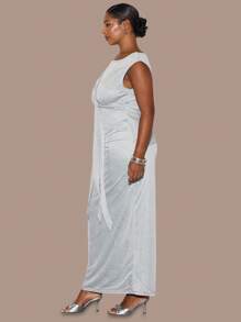 MUSERA Plus Size Asymmetric Neck Sleeveless Knit Tie Detail Maxi Dress Casual, Cute, Cool Girl, Casual, Flowy, Versatile, Minimalistic - Baby Blue - View 3