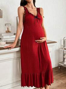Moonlight&Mama Maternity Knitted Texture Bow Decor Ruched Comfortable Casual Loungewear Dress - Red - View 3
