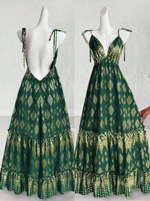 Breezaya Boho 女式 V 领性感优雅露背交叉系蝴蝶结金箔花卉印花波西米亚海滩连衣裙，荷叶边下摆无袖 2025 春夏新款演唱会服装毕业婚礼嘉宾晚礼服生日礼服演唱会服装女式长款连衣裙 - 綠色 - 查看 8