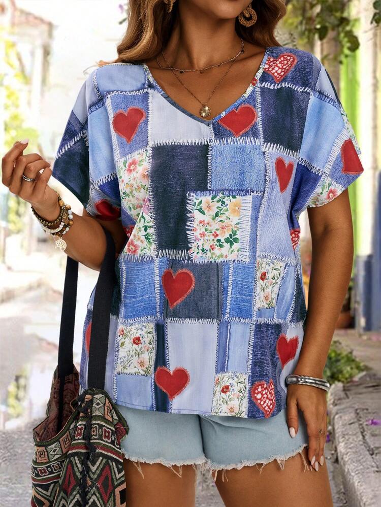 Plus Size Women's Casual Floral & Heart Print Shirt, Resort Style,Tunic Top,Going Out Tops Women,Summers For Women,Country Concert,Vacation Tops,Bohemian Clothes,Countrys Women,Beaches For Woman,Fall Women Clothes Bohemian Clothes,Springbreak,Raves