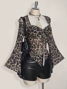 SHEIN ICON 加大码豹纹系带喇叭袖性感方领衬衫 - 彩色 - 查看 5