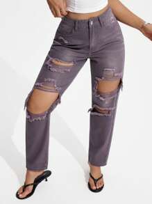 SHEIN EZwear 女式休闲纯色做旧磨边直筒牛仔裤 - 灰色 - 查看 6